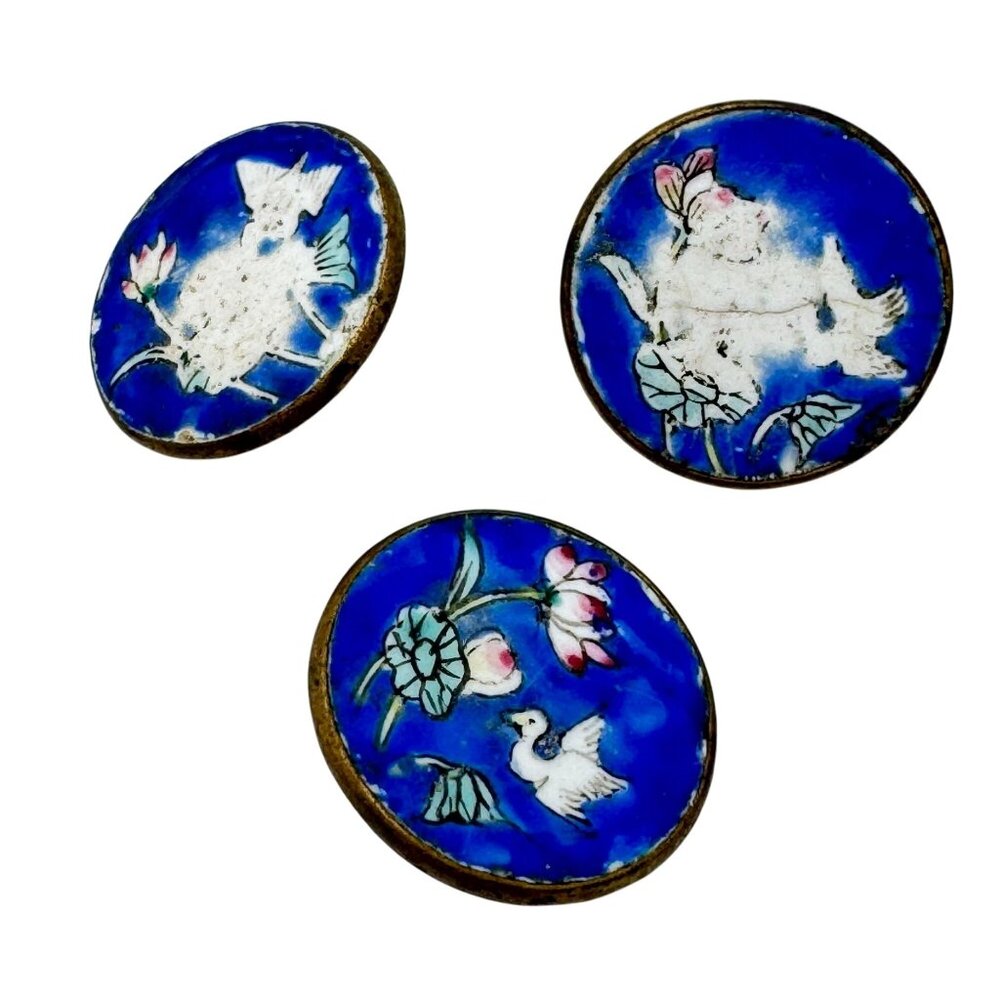 Chinese Cloisonné Buttons Set Of 3 Vtg Hand-Painted Floral Animal Blue Enamel